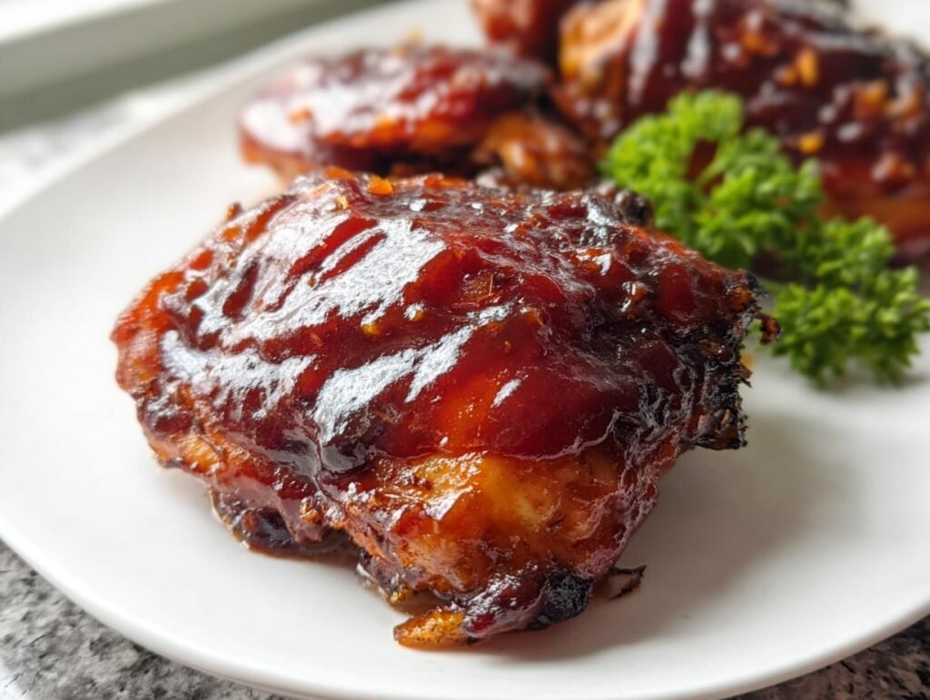 Close-up of a perfectly cooked BBQ Chicken Thighs Oven Baked piece covered in glossy, dark barbecue sauce.