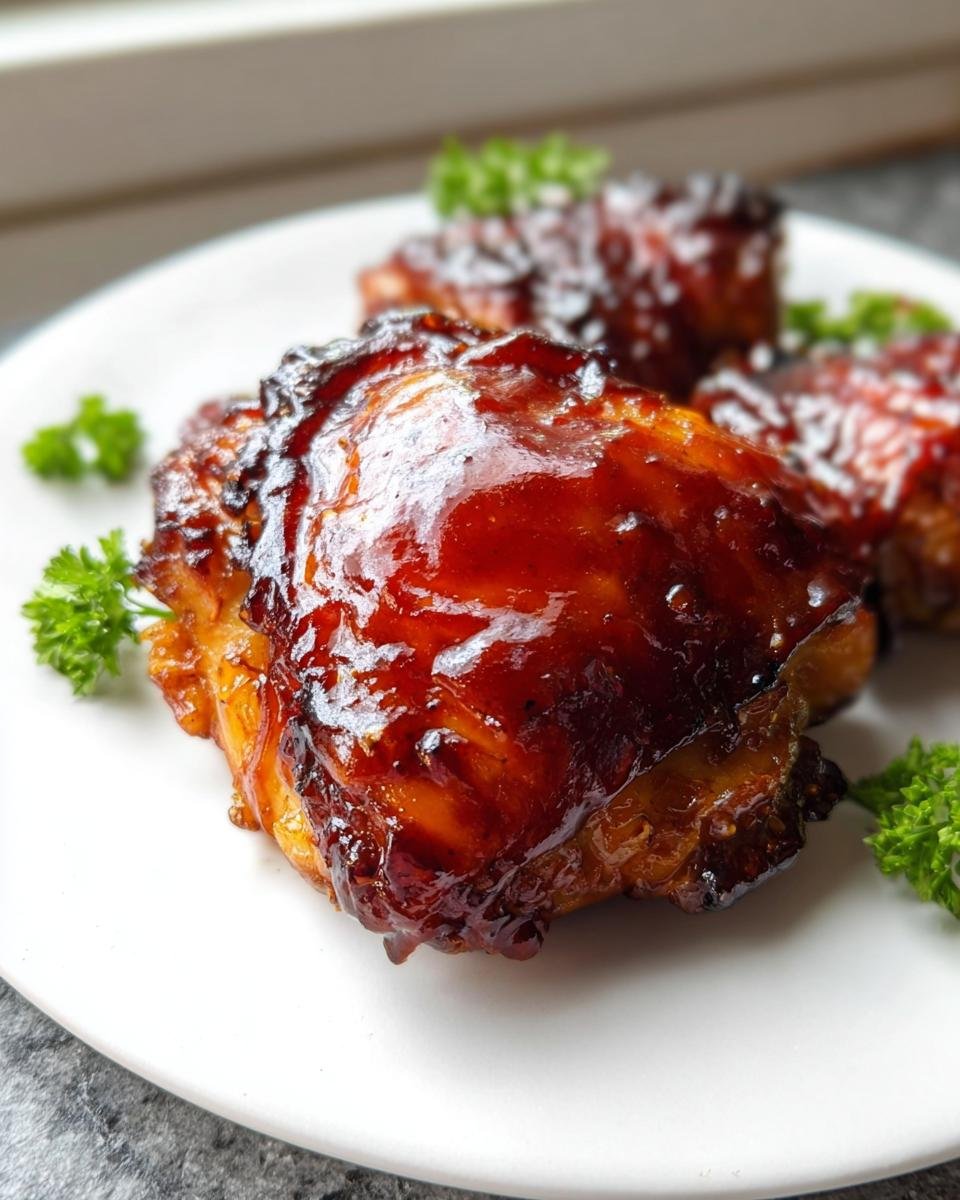 Close-up of a perfectly glazed piece of BBQ Chicken Thighs Oven Baked, garnished with fresh parsley on a white plate.