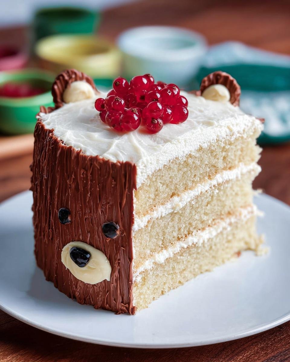 A slice of a three-layer vanilla cake decorated to look like a bear's face, topped with red currants.