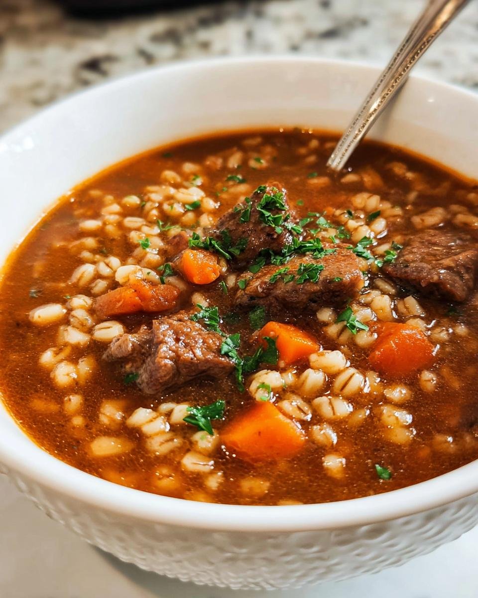 Close-up of a steaming bowl of Beef and Barley Soup Cold Weather Favorite with chunks of beef and carrots.