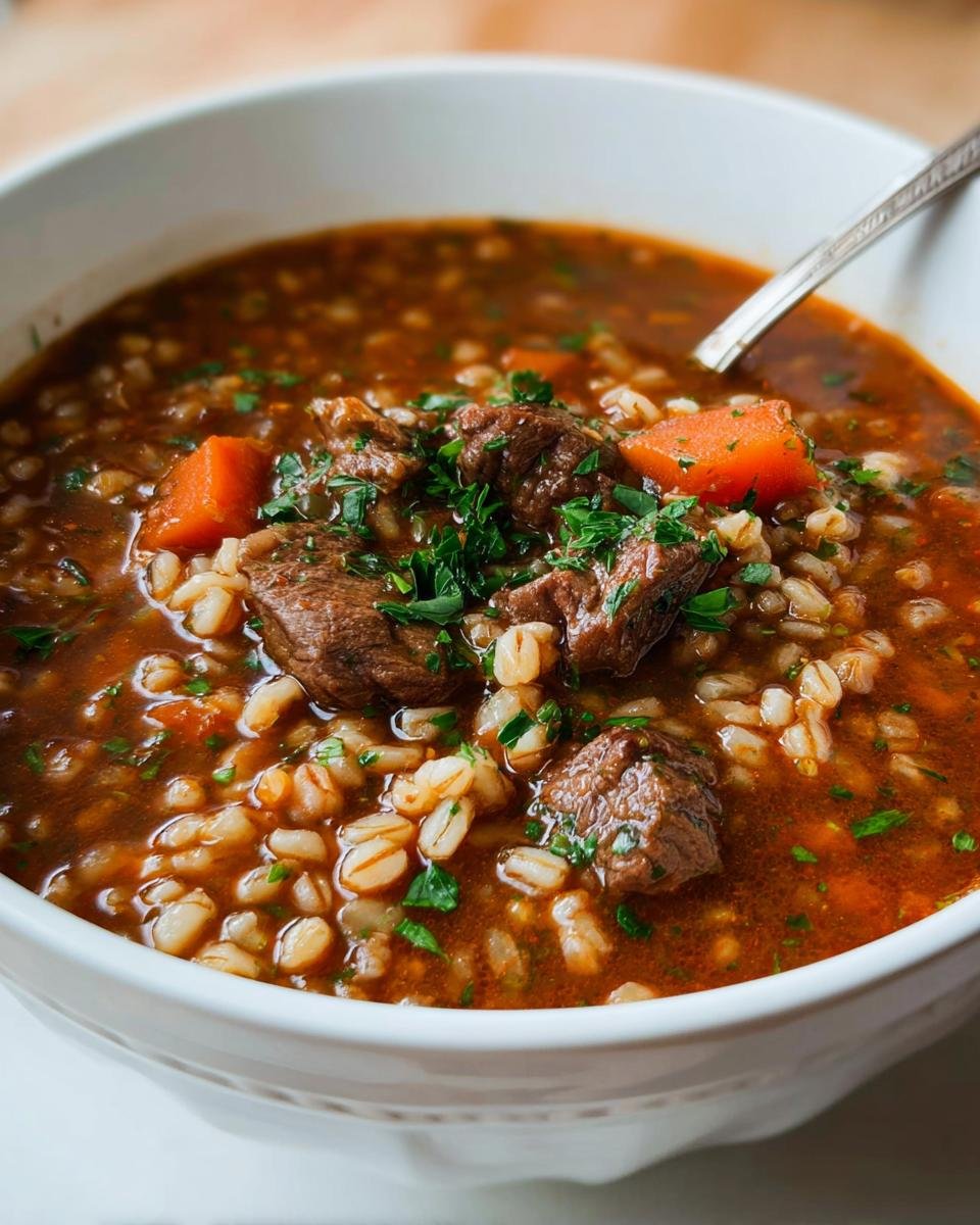 Close-up of a bowl of rich Beef and Barley Soup Cold Weather Favorite, featuring chunks of beef, carrots, and barley.