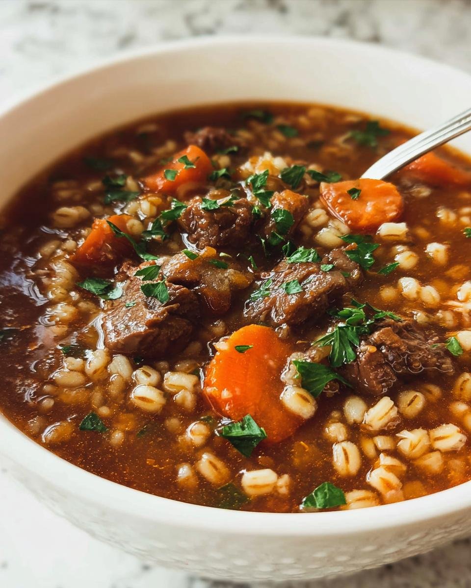 Close-up of a rich bowl of Beef and Barley Soup Cold Weather Favorite, showing chunks of beef, carrots, and barley.
