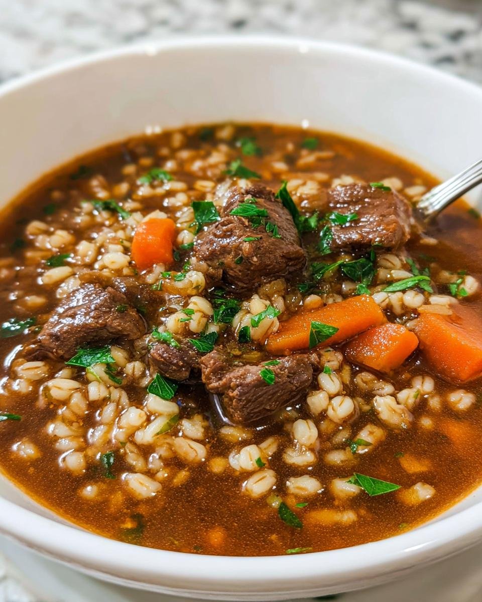 Close-up of a bowl of rich Beef and Barley Soup Cold Weather Favorite, showing chunks of beef, barley, and carrots.