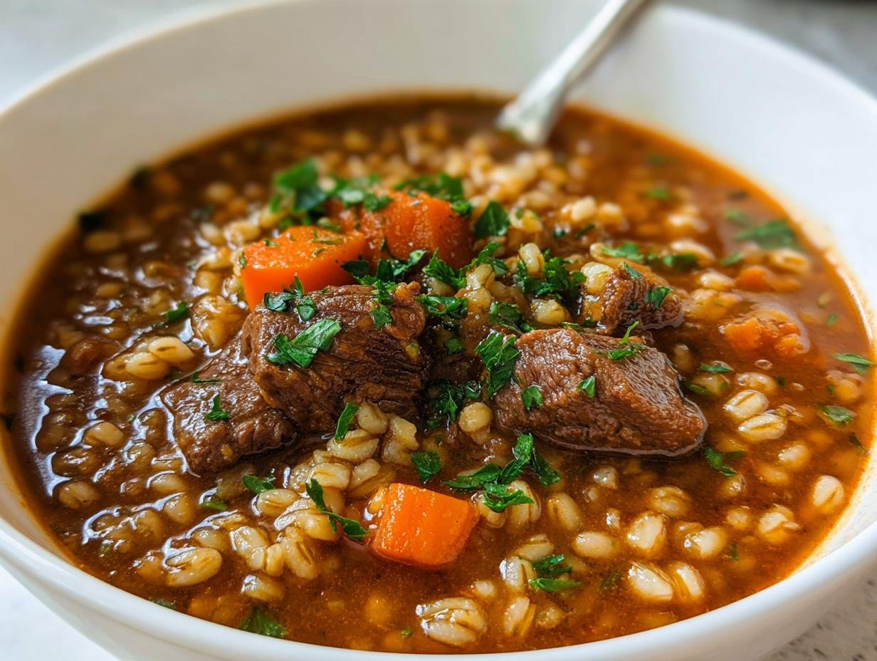 Close-up of a hearty bowl of Beef and Barley Soup Cold Weather Favorite, featuring tender beef chunks, barley, and carrots.