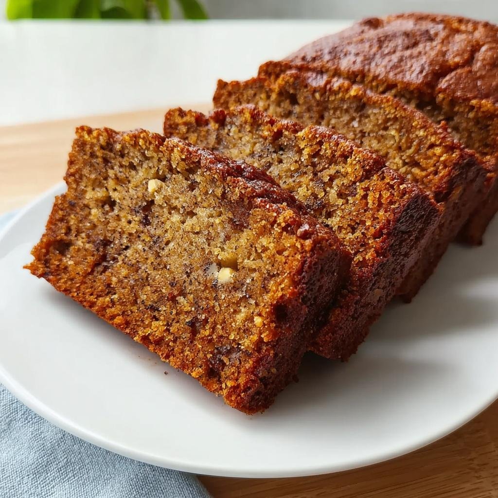 Close-up of a moist banana bread loaf, sliced and served on a white plate.
