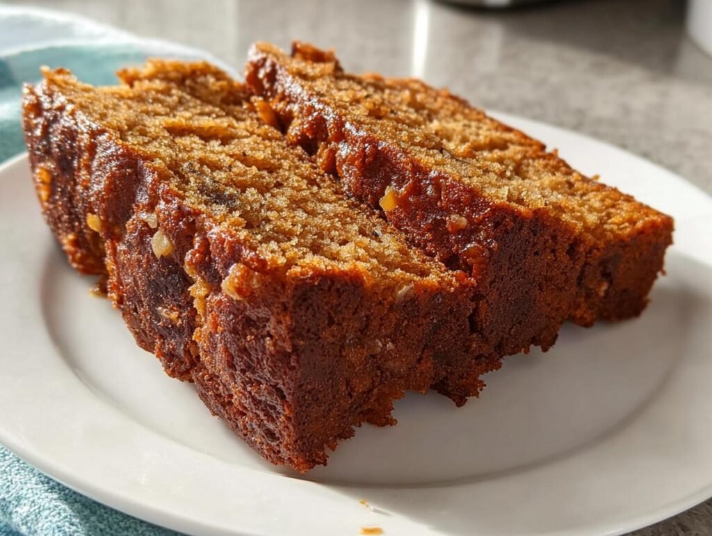 Close-up of moist banana bread slices on a white plate, showcasing a rich texture and golden-brown crust.