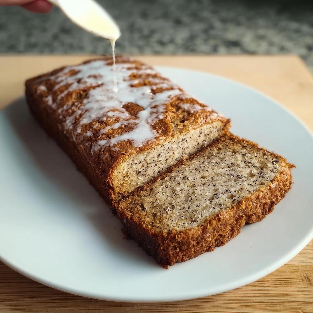 A loaf of the best banana bread recipe with ripe bananas, drizzled with icing on a white plate.