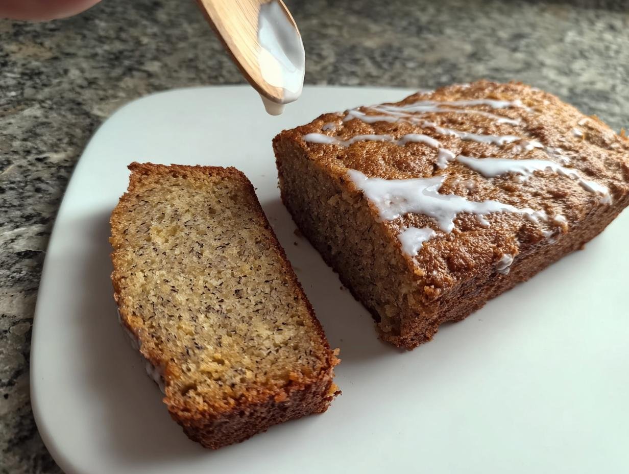 A slice of moist banana bread with ripe bananas, drizzled with icing.