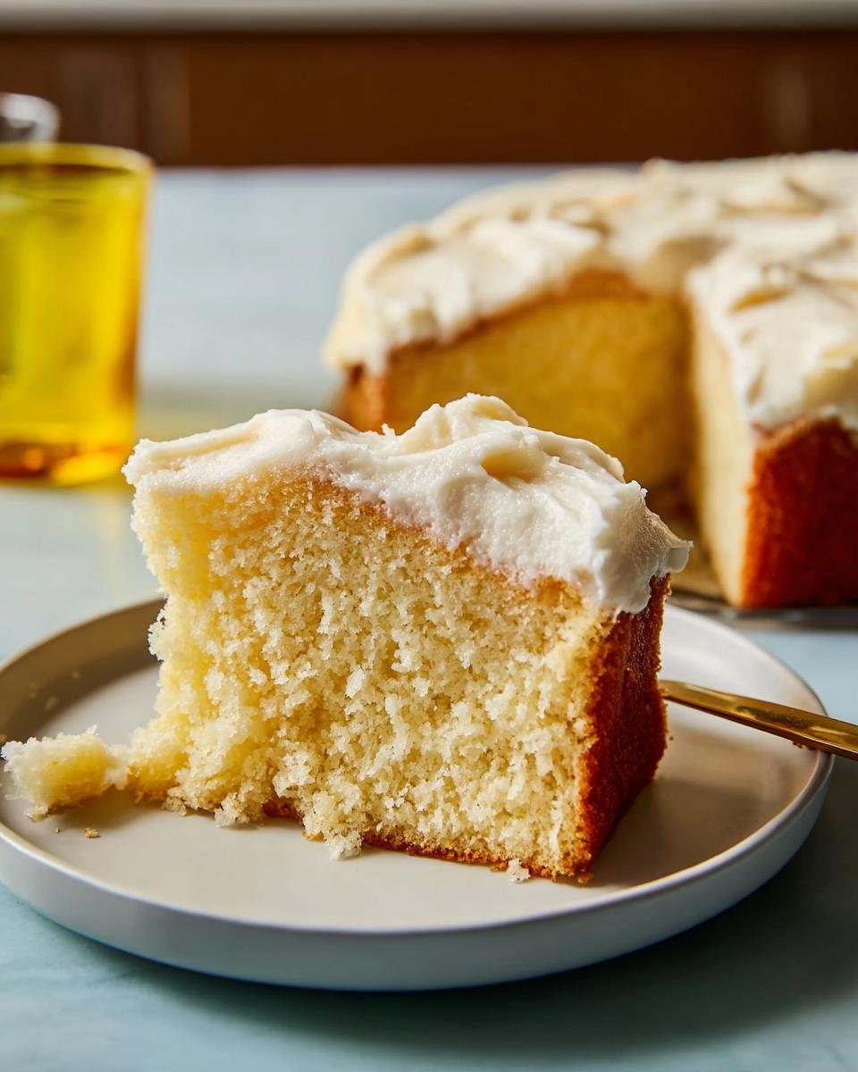 A slice of a moist vanilla cake with fluffy white frosting, one of the best cake recipes.
