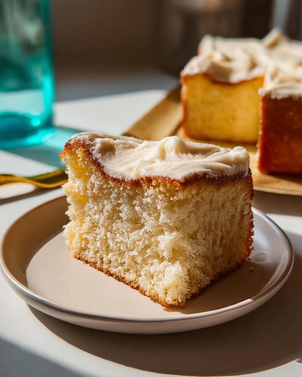 A close-up of a moist slice from one of the best cake recipes, topped with smooth, creamy frosting.