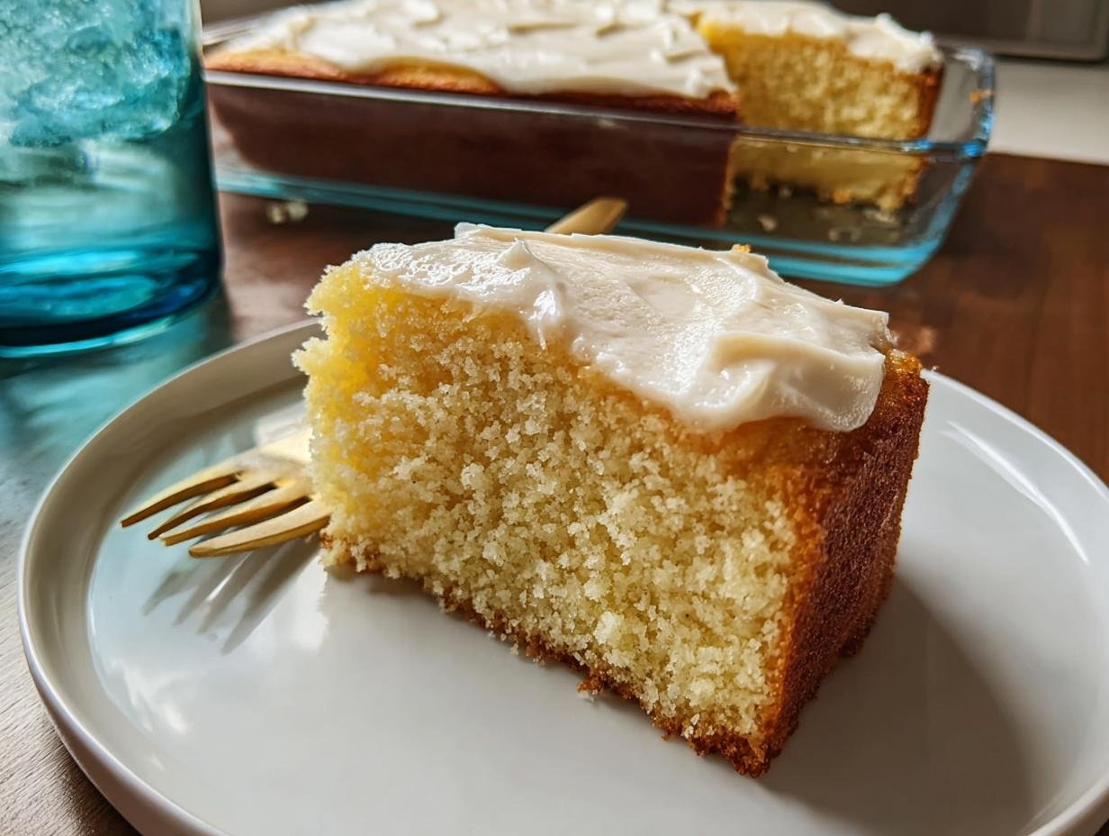 A delicious slice of cake from one of the best cake recipes, topped with creamy frosting, on a white plate with a fork.