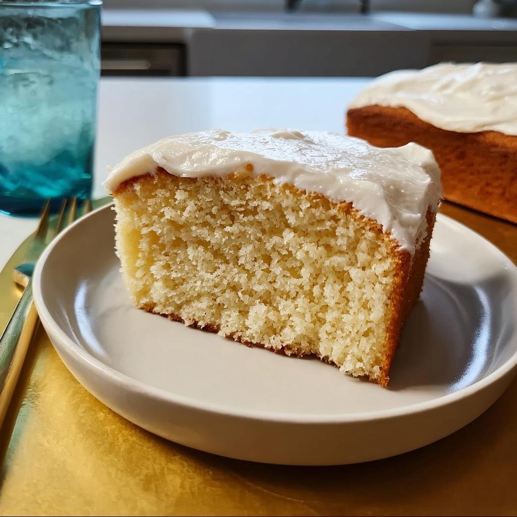 A close-up of a moist slice of vanilla cake with creamy white frosting, part of the best cake recipes.