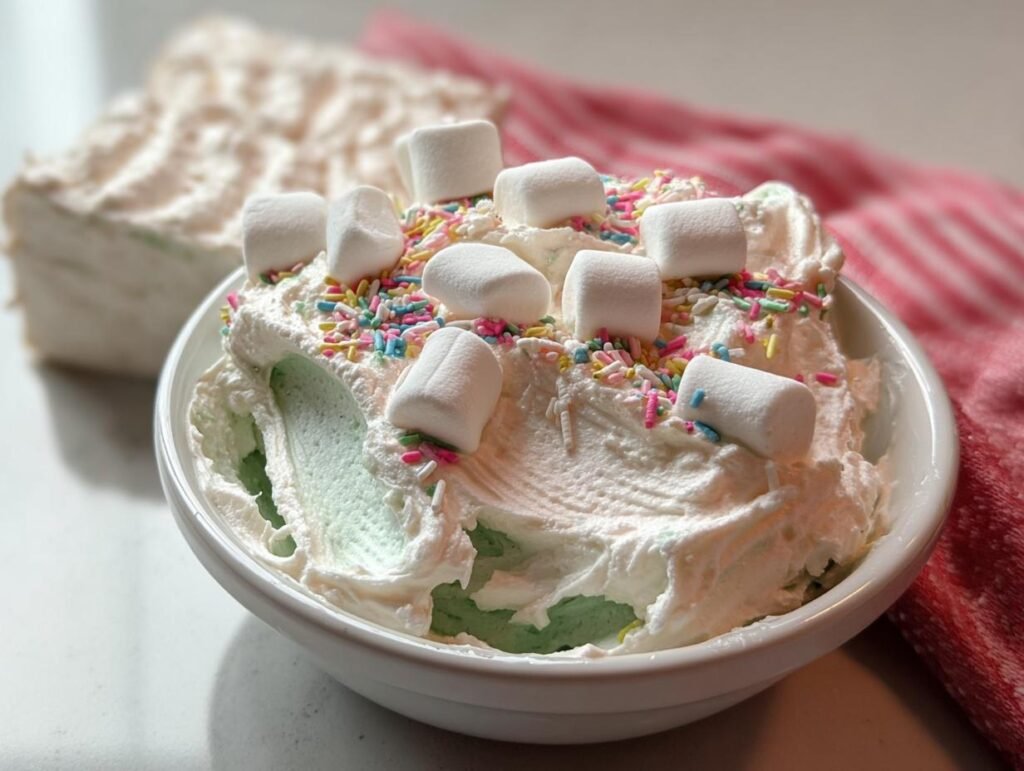 A close-up of the Best Little Debbie Tree Cake Dip, topped with mini marshmallows and colorful sprinkles.
