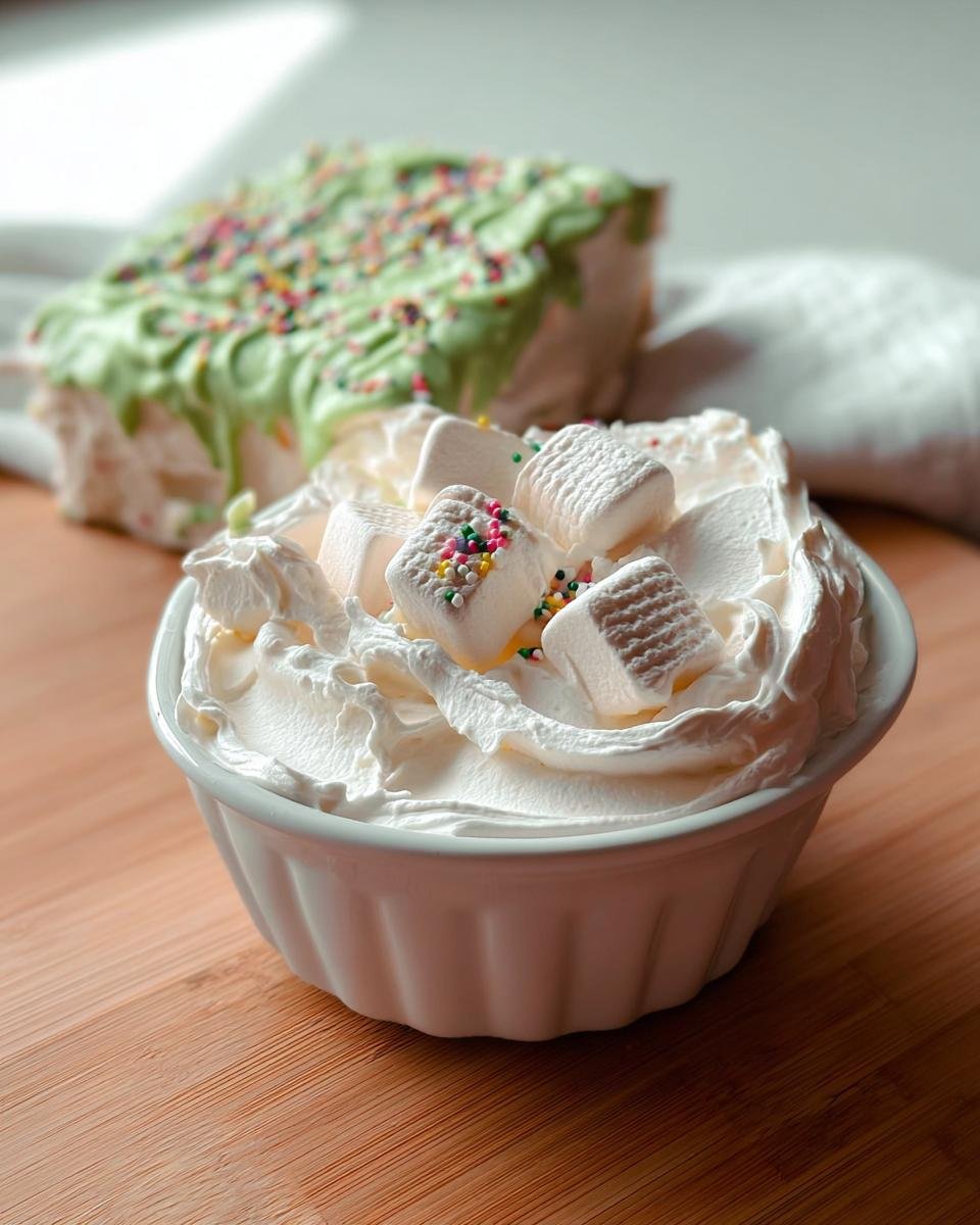 A white bowl filled with whipped cream and marshmallows, topped with colorful sprinkles. In the background, a slice of green frosted cake with sprinkles.