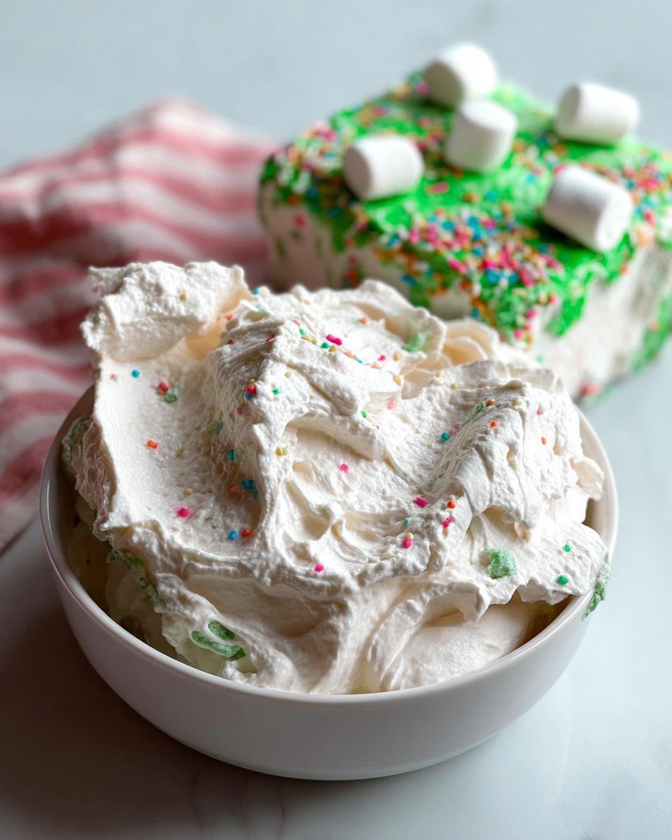 A bowl of fluffy white dip with colorful sprinkles, with a decorated Little Debbie Tree Cake in the background.