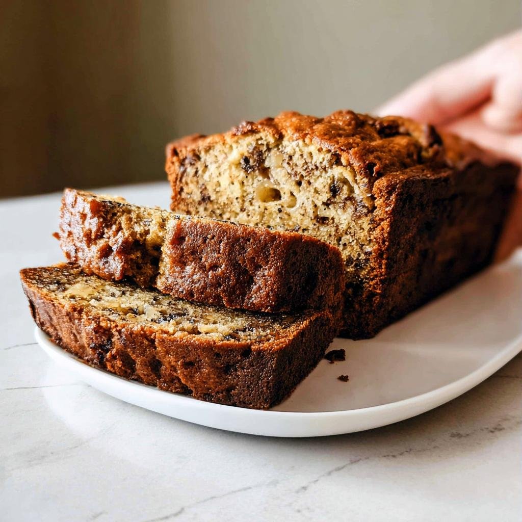 Close-up of slices from the Best Moist Banana Bread Recipe, showing a moist texture and chocolate chips.