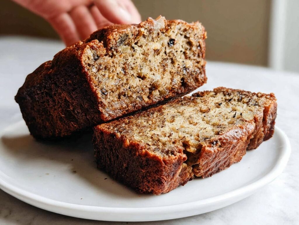 Two slices of the best moist banana bread recipe on a white plate, showcasing its texture and banana chunks.