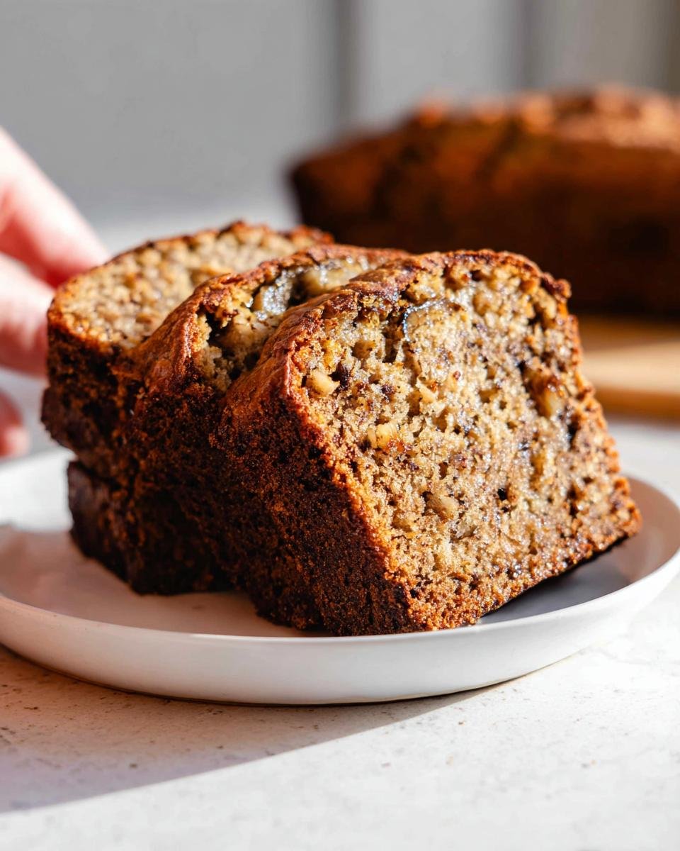 Three slices of moist banana bread with walnuts on a white plate, showcasing its texture and golden-brown crust.
