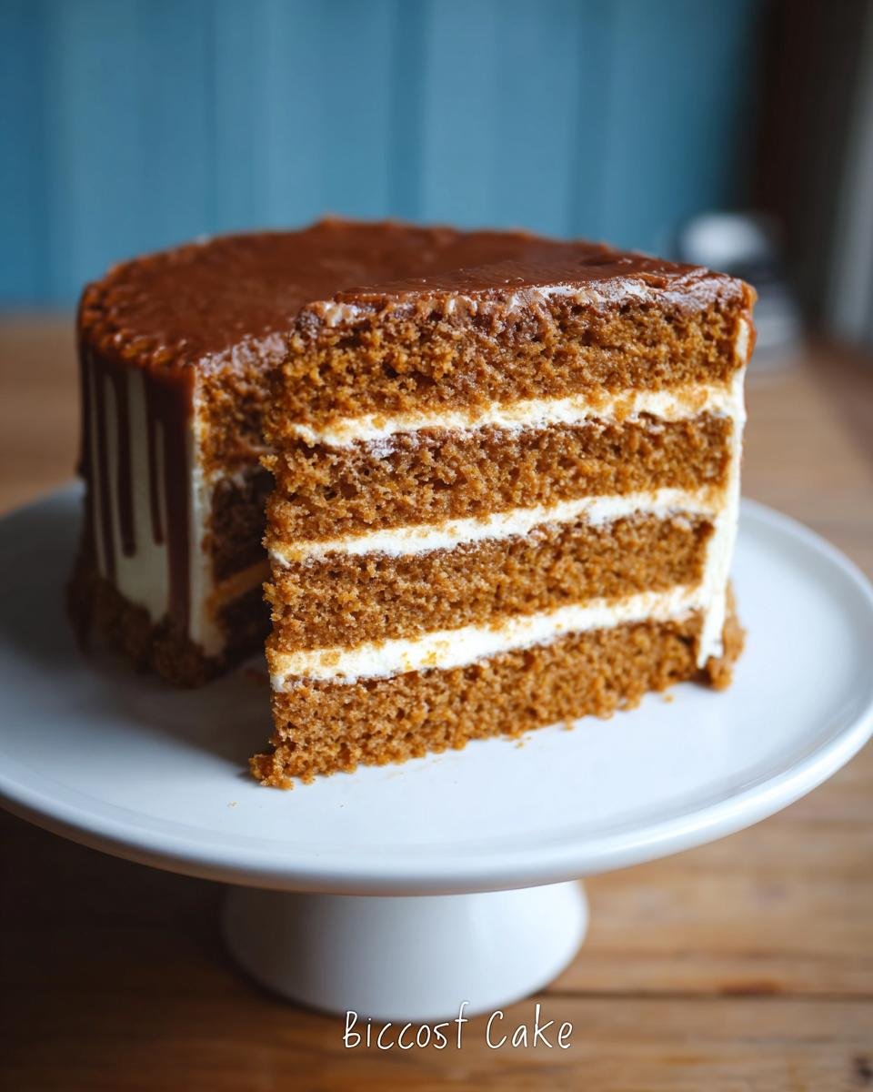 A slice of Biscoff cake with layers of spiced cake and cream frosting, topped with chocolate ganache.