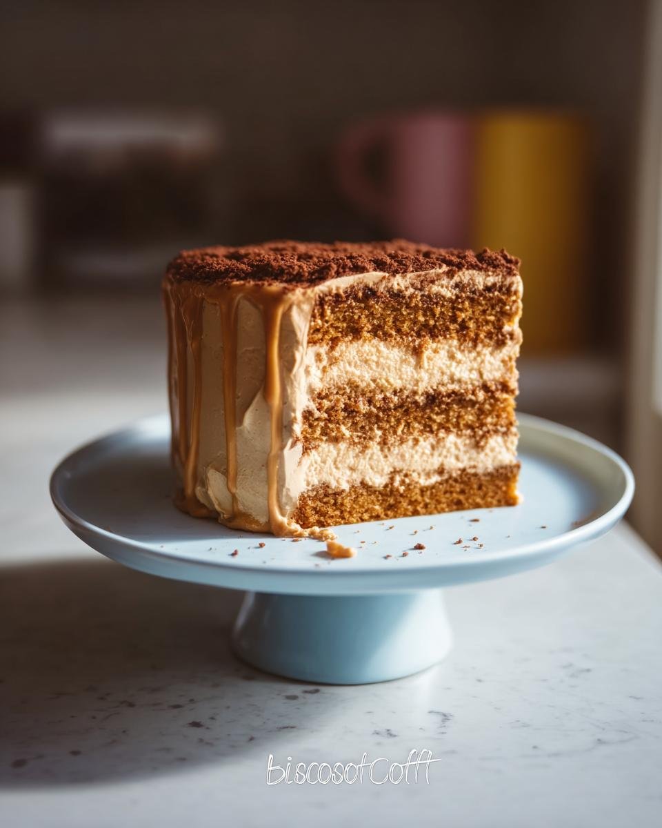 A slice of homemade Biscoff cake with layers of cake and cream, drizzled with caramel.