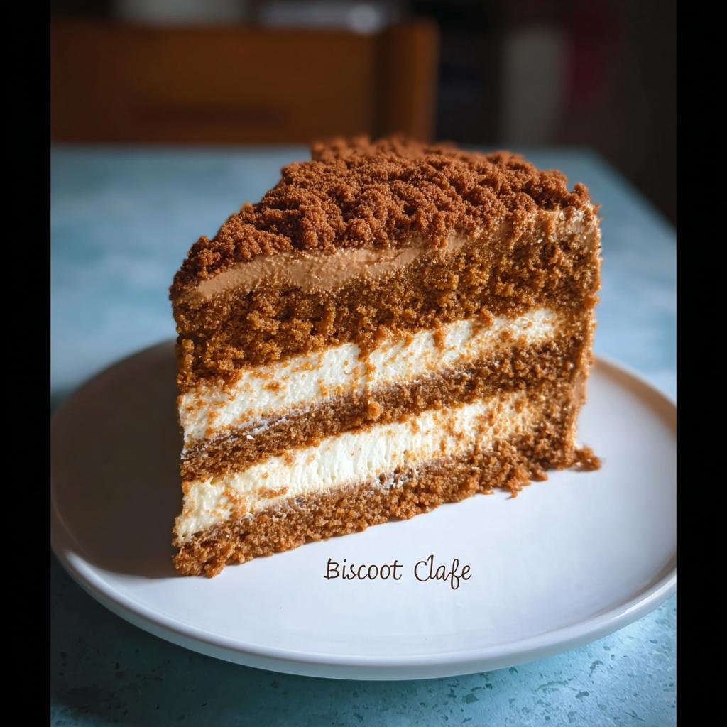 A slice of homemade Biscoff cake with layers of moist cake and creamy filling, topped with Biscoff crumbs.