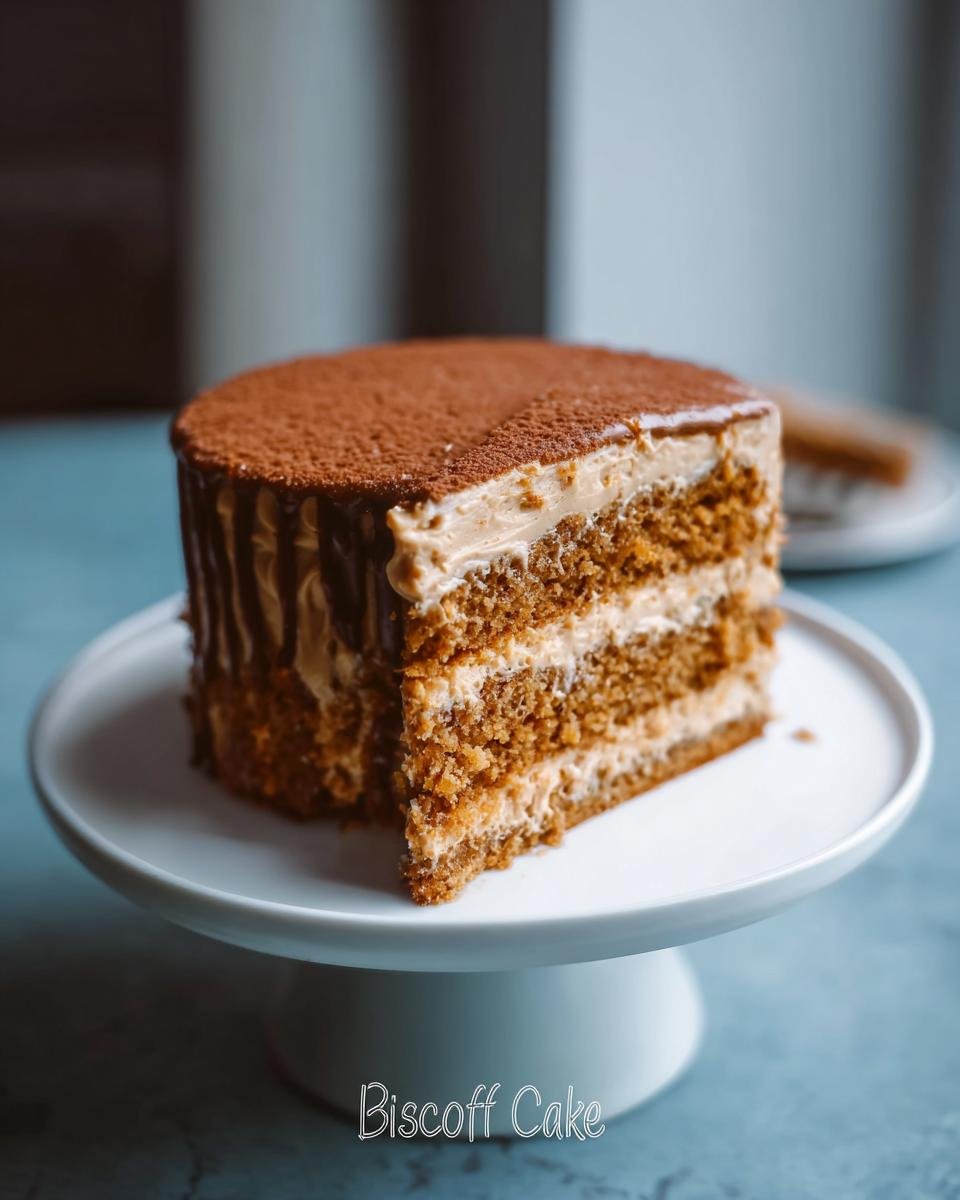 A delicious slice of homemade Biscoff Cake, showcasing layers of spiced cake and creamy frosting, topped with cocoa powder.