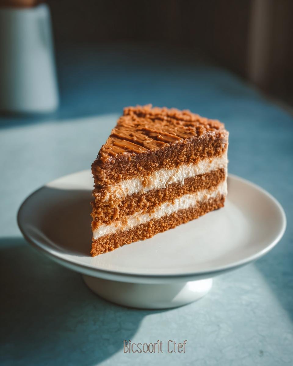 A slice of homemade Biscoff cake with layers of brown cake and white cream, topped with Biscoff crumbs.