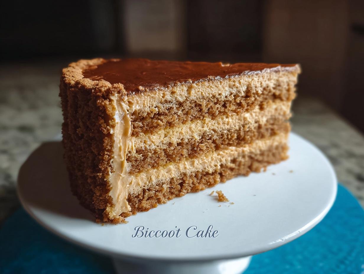 A slice of homemade Biscoff cake with layers of spiced cake and creamy Biscoff filling, topped with chocolate glaze.