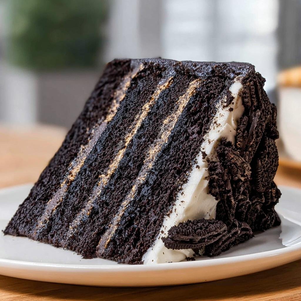 A decadent slice of black velvet oreo cake with layers of dark chocolate cake and white frosting, decorated with crushed oreos.