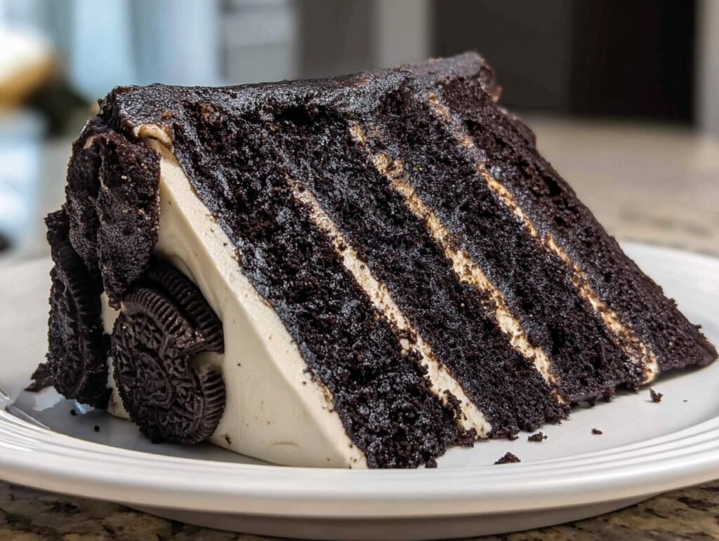 A decadent slice of black velvet oreo cake with layers of dark chocolate cake and creamy frosting, garnished with whole oreo cookies.