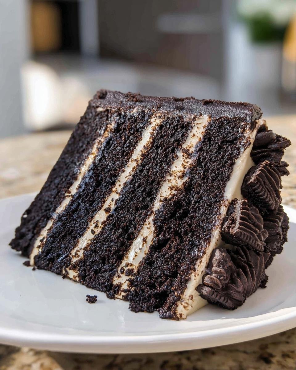 A decadent slice of black velvet oreo cake with layers of dark chocolate cake and creamy frosting, decorated with oreo pieces.