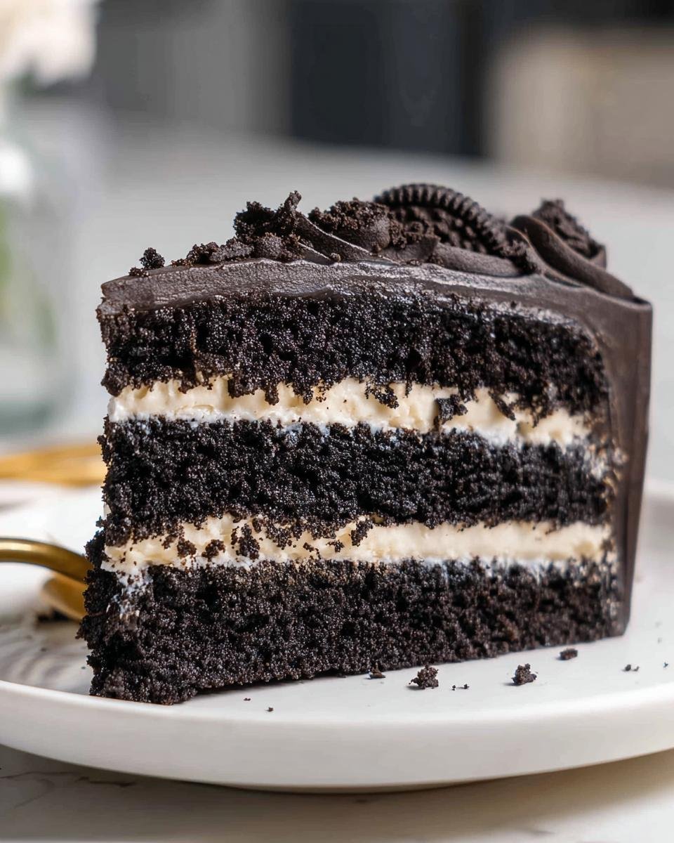 A moist slice of black velvet oreo cake with layers of dark chocolate cake and creamy white filling, topped with chocolate frosting and oreo crumbs.