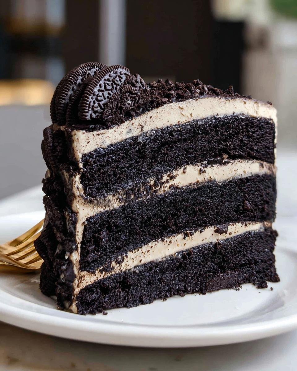 A decadent slice of black velvet oreo cake with layers of dark chocolate cake and creamy filling, topped with oreos.