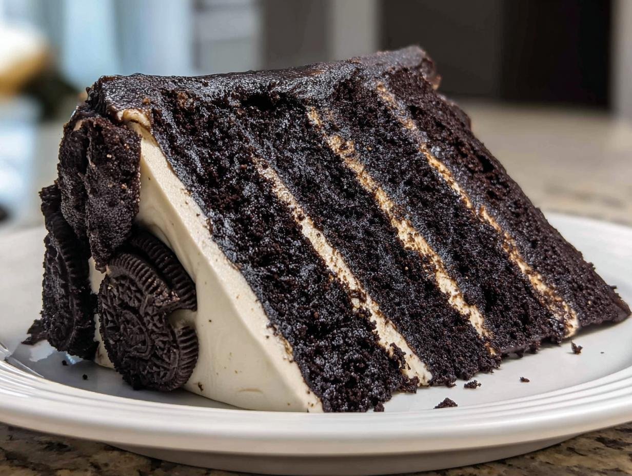 A decadent slice of black velvet oreo cake with layers of dark chocolate cake and creamy frosting, garnished with whole oreo cookies.