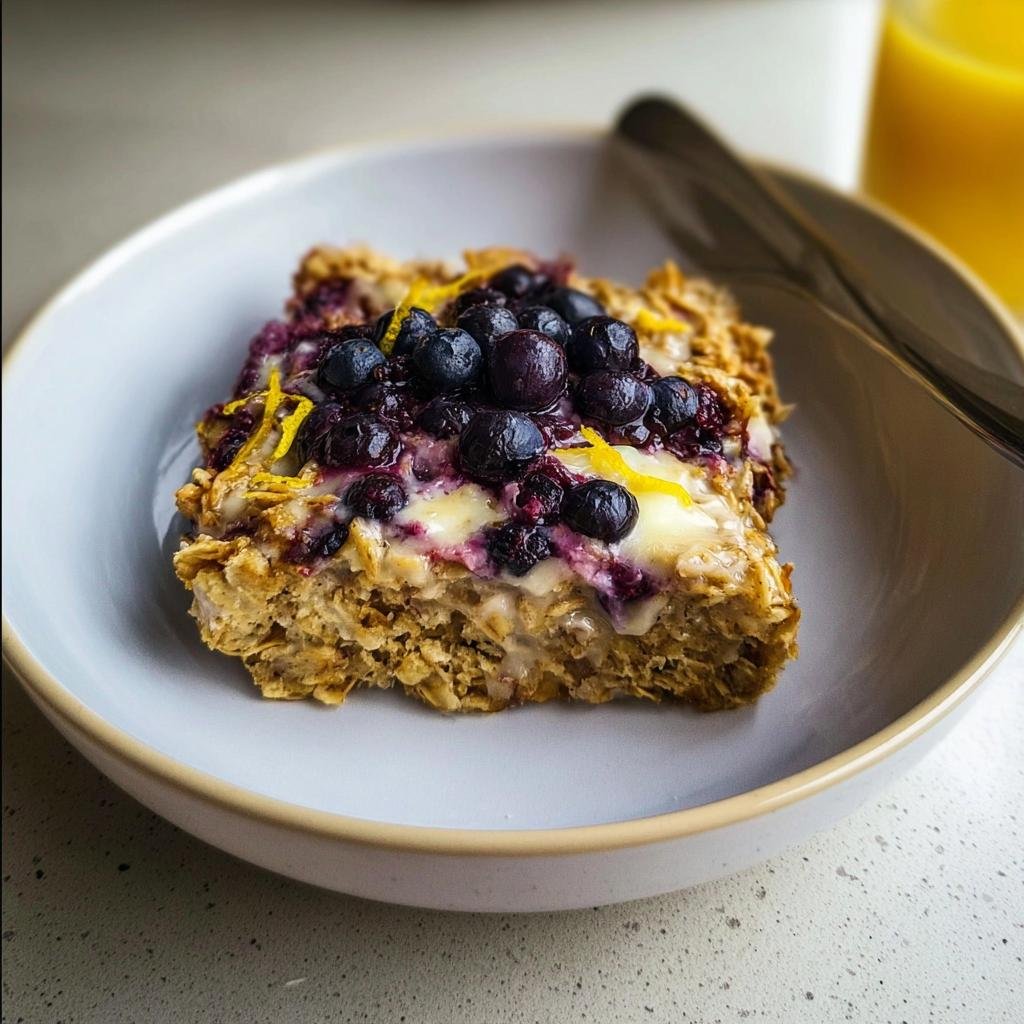 A square serving of Blueberry Lemon Baked Oatmeal topped with fresh blueberries and lemon zest in a white bowl.