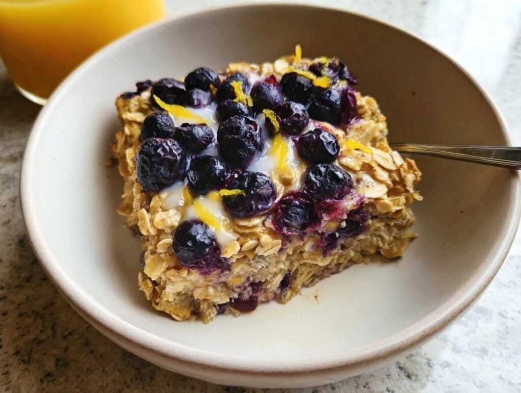A square serving of Blueberry Lemon Baked Oatmeal topped with fresh blueberries and lemon zest in a bowl.