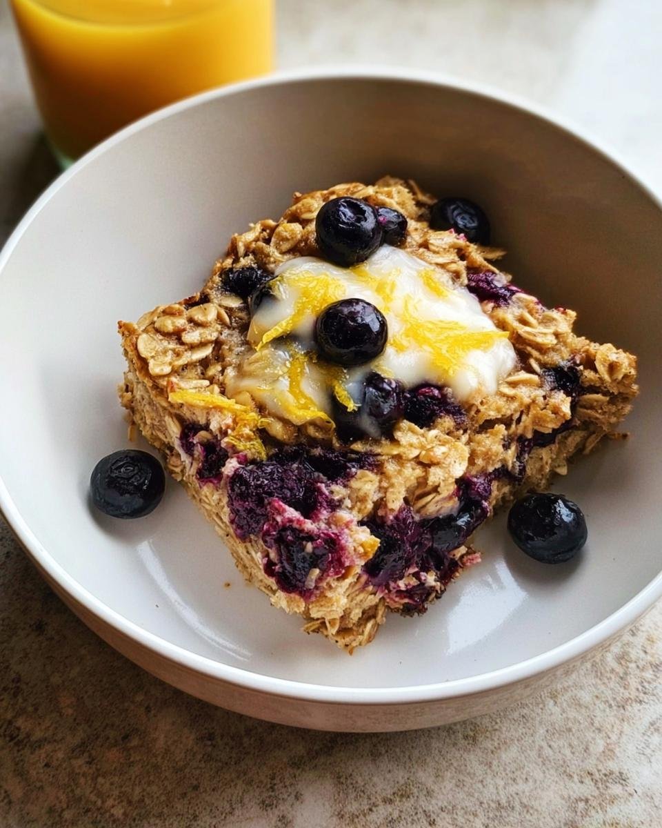 A square serving of Blueberry Lemon Baked Oatmeal topped with yogurt, fresh blueberries, and lemon zest in a white bowl.