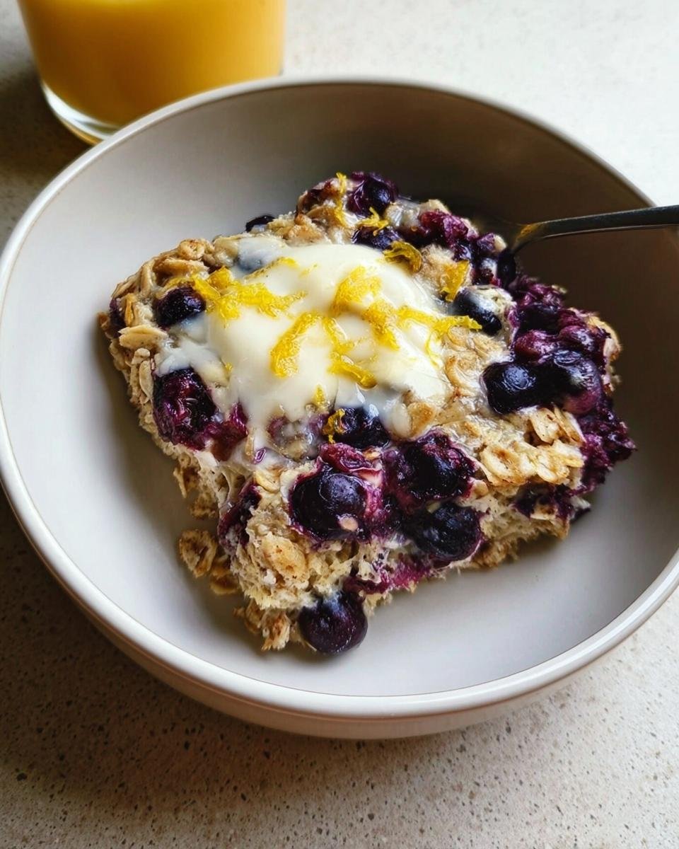 A serving of Blueberry Lemon Baked Oatmeal topped with white glaze and lemon zest in a bowl.