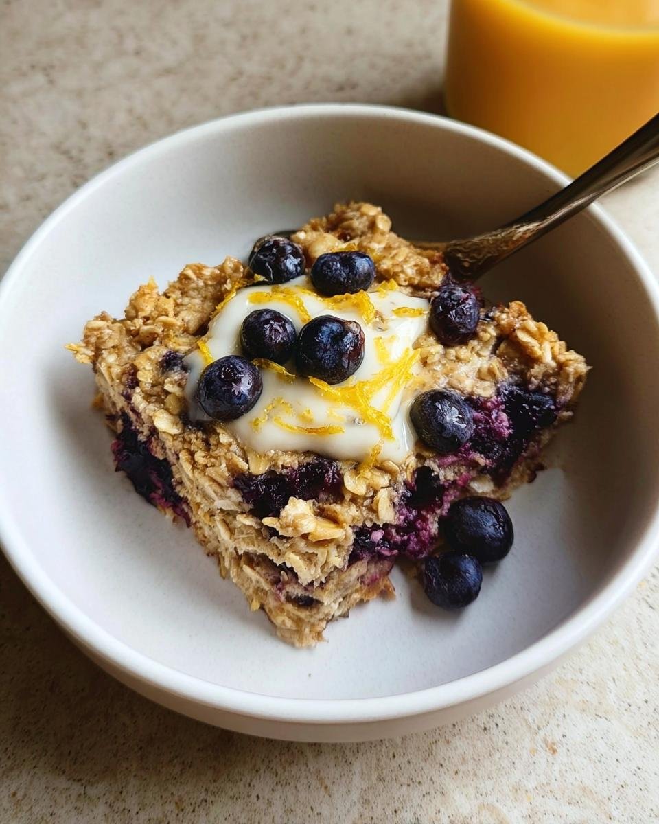 A square serving of Blueberry Lemon Baked Oatmeal topped with yogurt, fresh blueberries, and lemon zest.