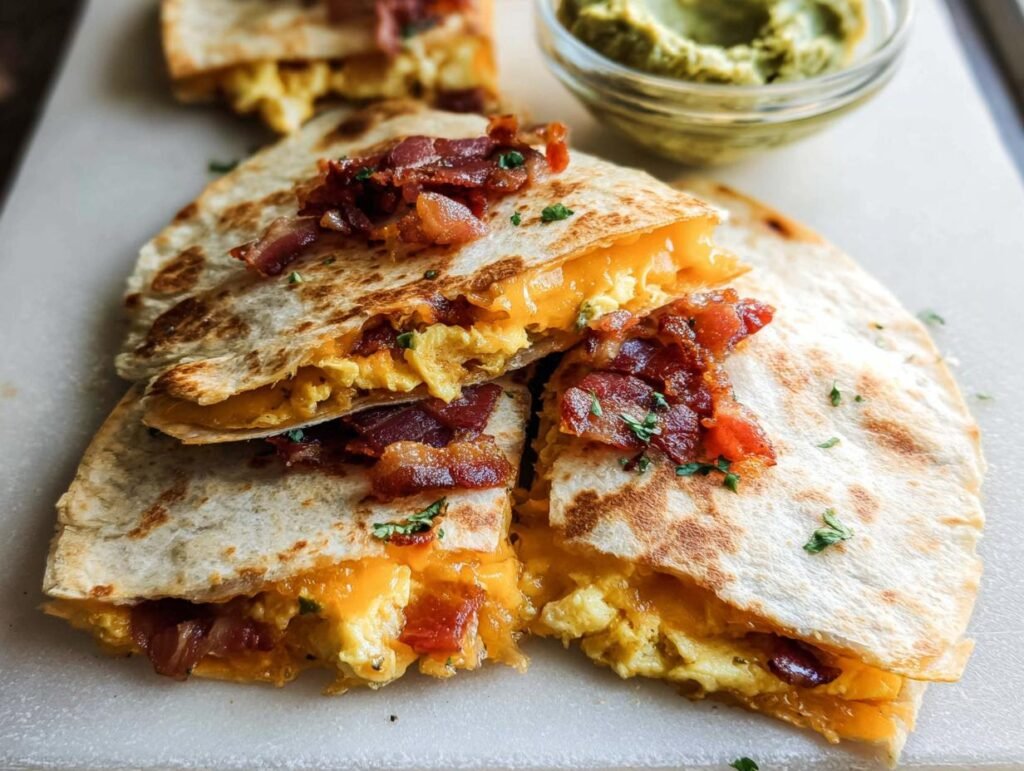 Close-up of sliced Breakfast Quesadillas Family Favorite filled with scrambled eggs, melted cheddar cheese, and crispy bacon.