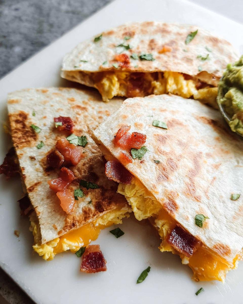Close-up of folded Breakfast Quesadillas Family Favorite filled with scrambled eggs and melted cheddar cheese, topped with bacon bits.