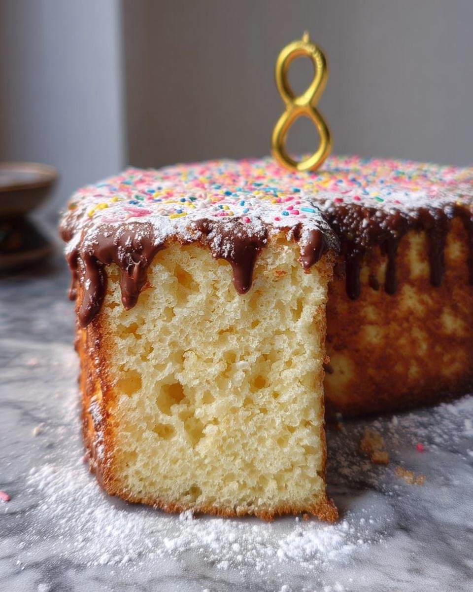 A slice of a brilliant birthday cake topped with chocolate drizzle, colorful sprinkles, and a gold '8' candle.