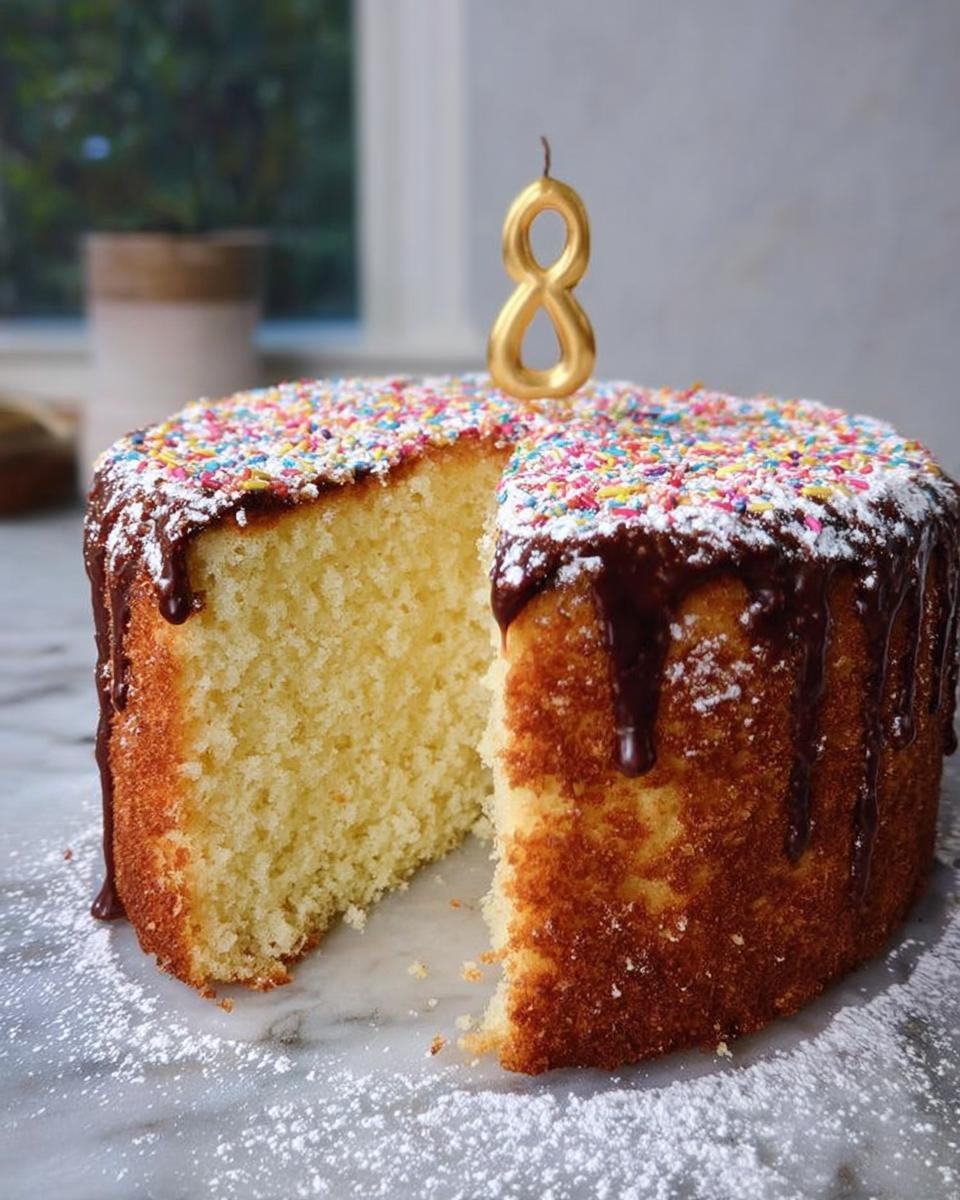 A brilliant cake idea: a round cake with chocolate drizzle, colorful sprinkles, and a gold number 8 candle.