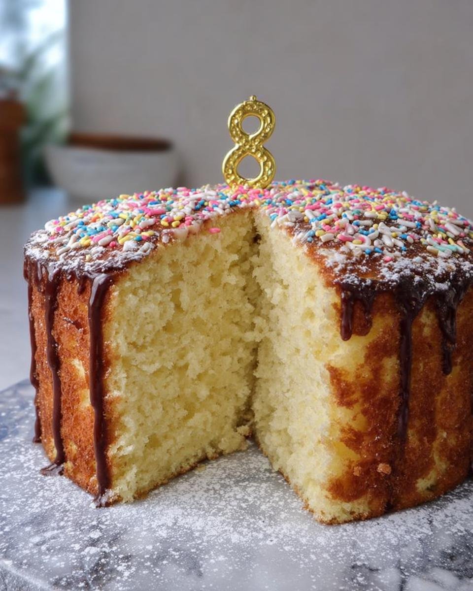 A brilliant cake idea for a birthday, topped with colorful sprinkles and a golden number 8 candle.