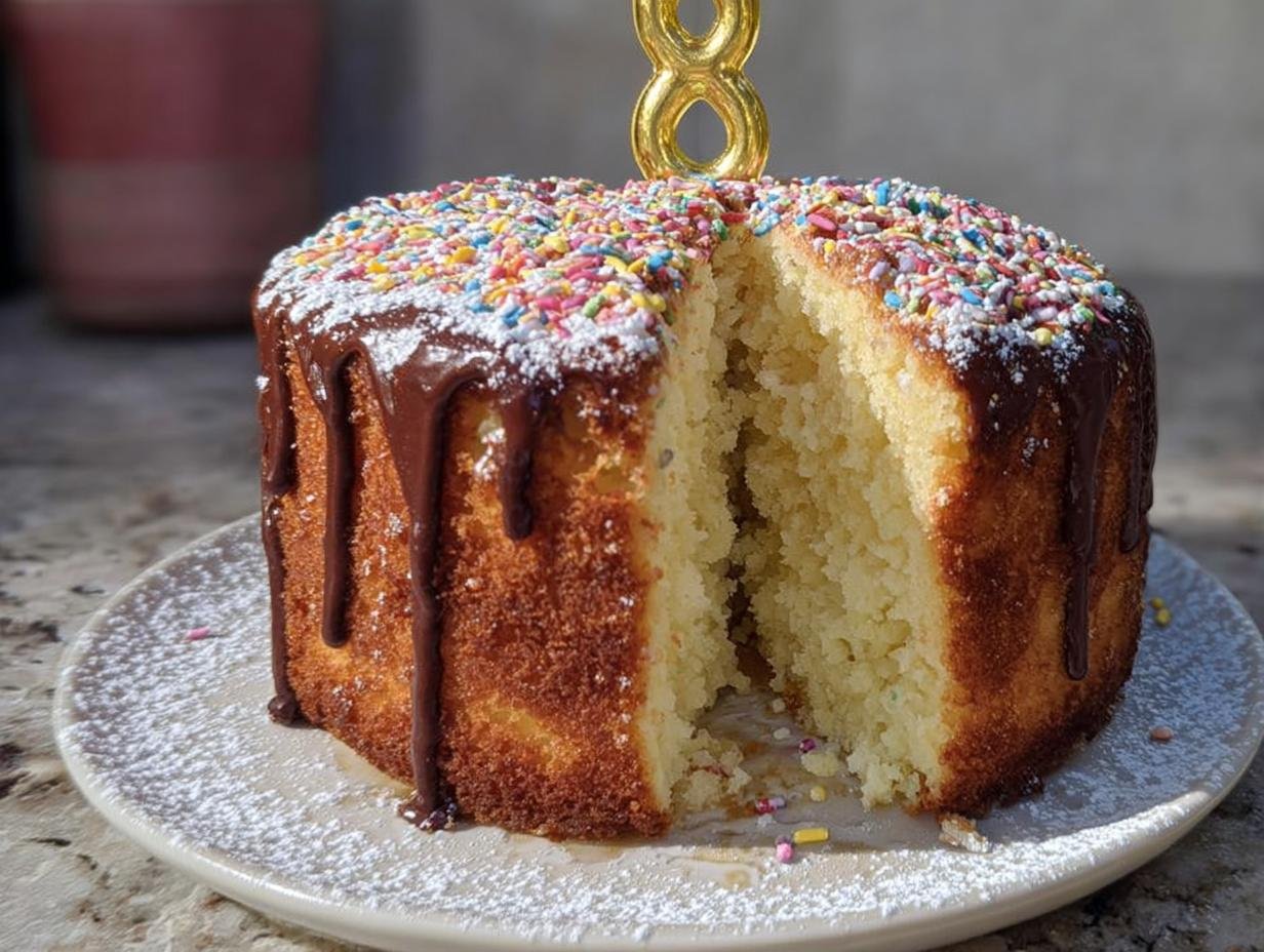 A brilliant birthday cake with chocolate drizzle, colorful sprinkles, and a golden number 8 candle, dusted with powdered sugar.