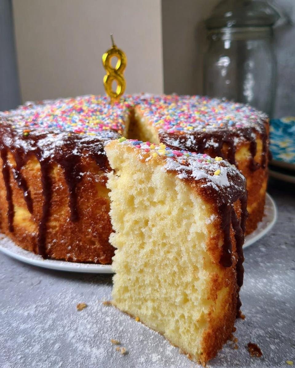 A brilliant cake idea: a birthday cake with rainbow sprinkles, chocolate drizzle, and a golden number 8 candle.