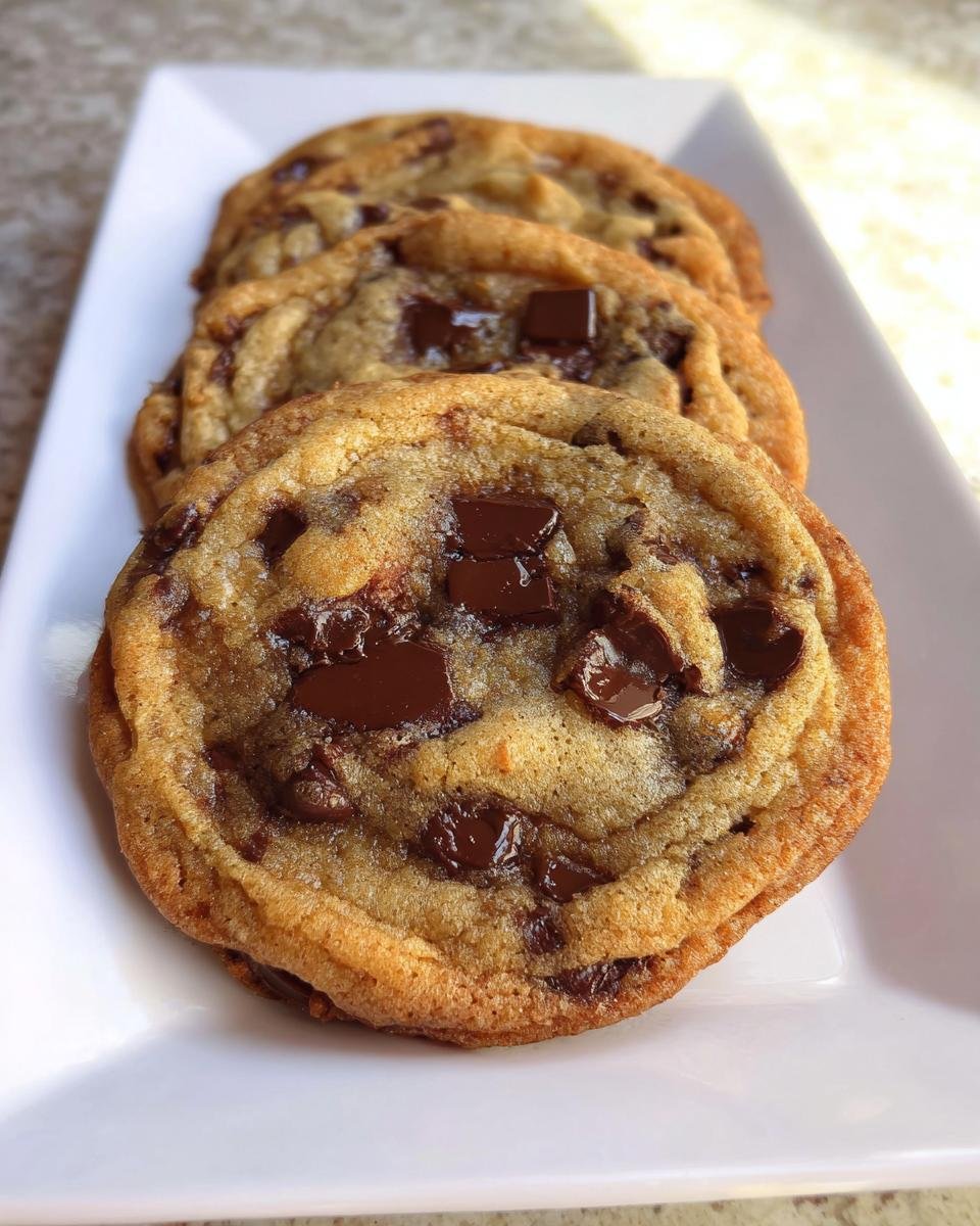 Close-up of freshly baked Brown Butter Chocolate Chip Cookies lined up on a white rectangular plate.