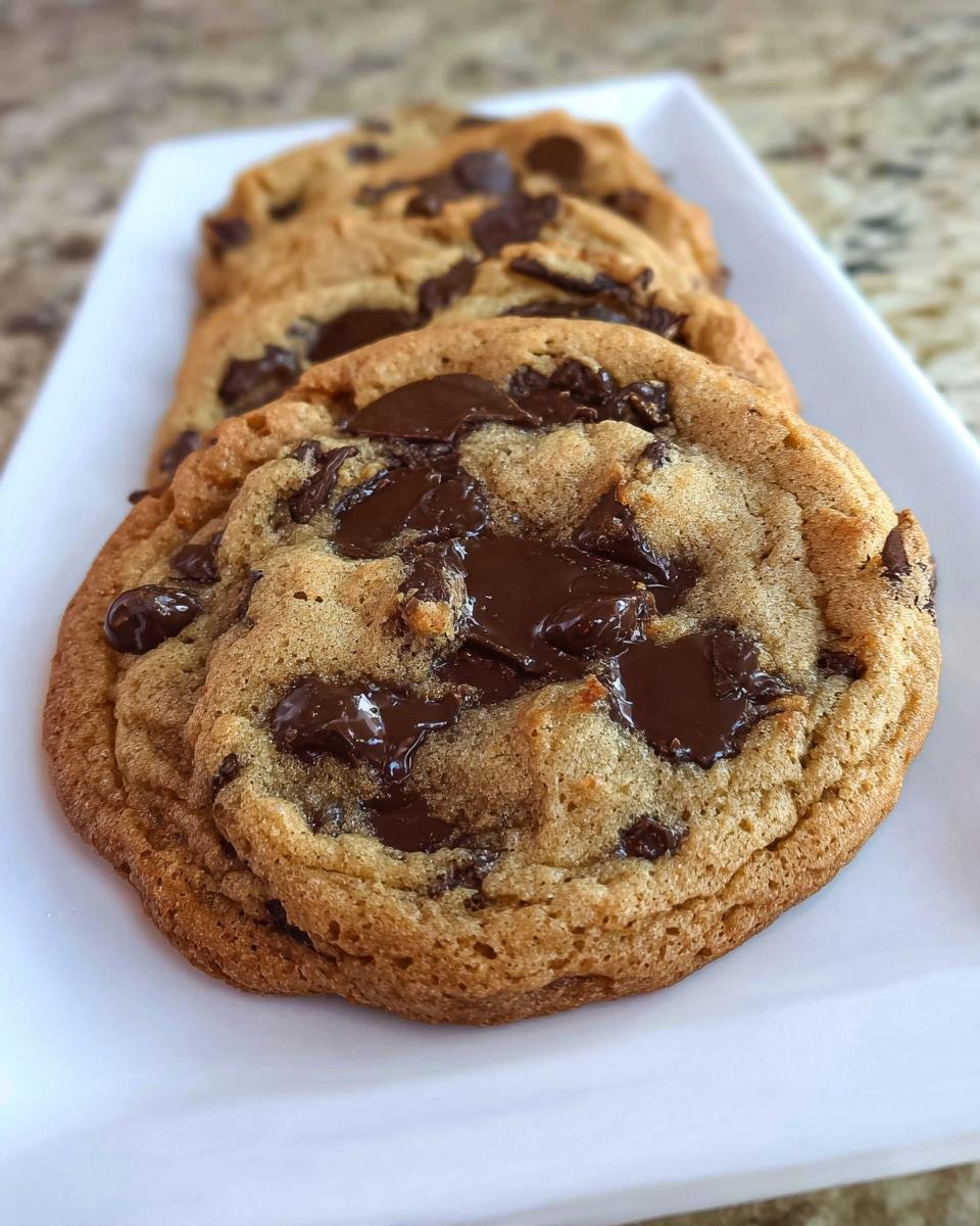 Close-up of freshly baked Brown Butter Chocolate Chip Cookies with gooey, melted chocolate chunks.