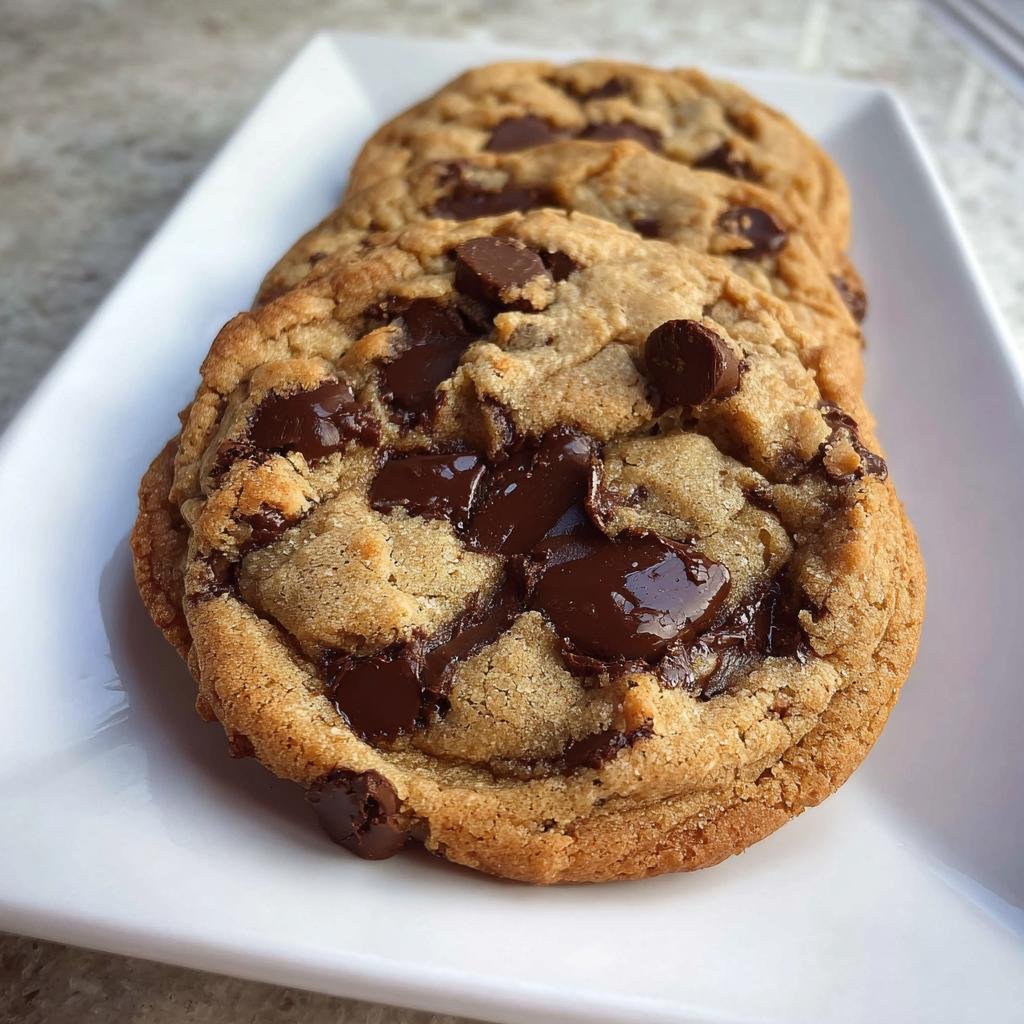 Close-up of gooey Brown Butter Chocolate Chip Cookies stacked on a white rectangular plate.