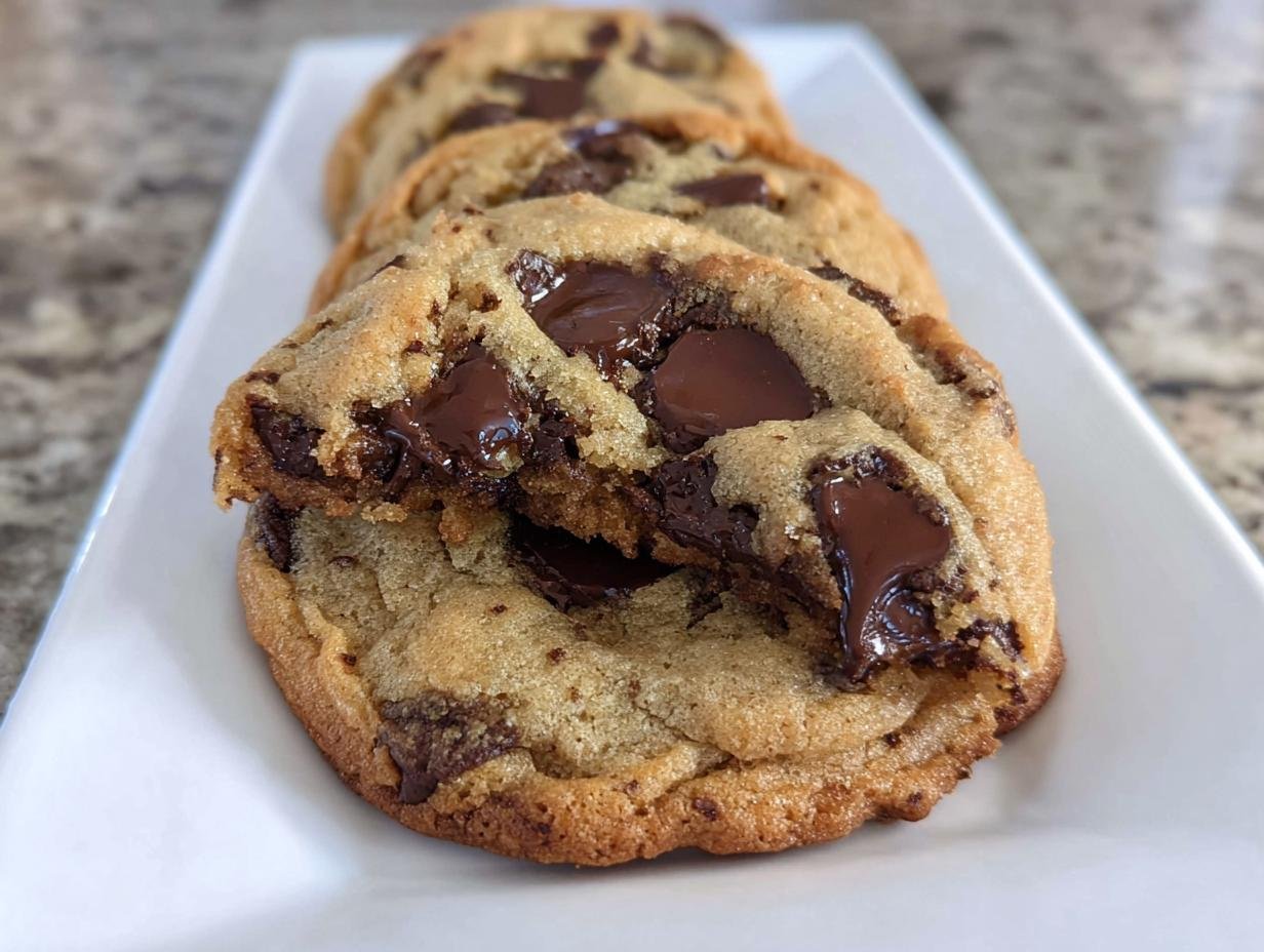 Close-up of a gooey, broken Brown Butter Chocolate Chip Cookie showing melted chocolate chunks on a white platter.